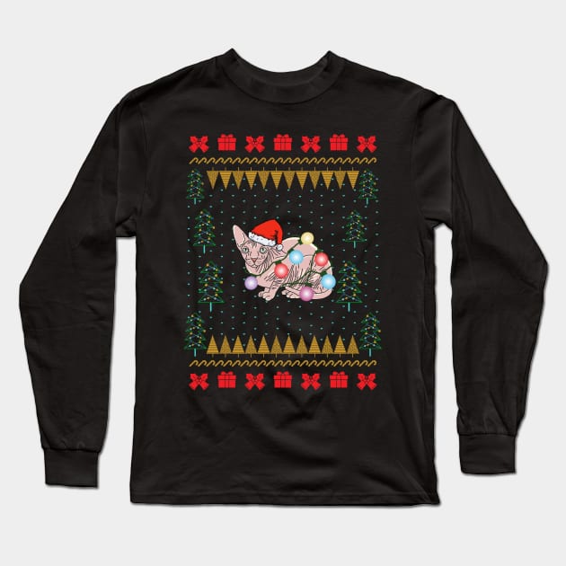 Sphynx Cat Ugly Christmas Sweater Long Sleeve T-Shirt by okpinsArtDesign